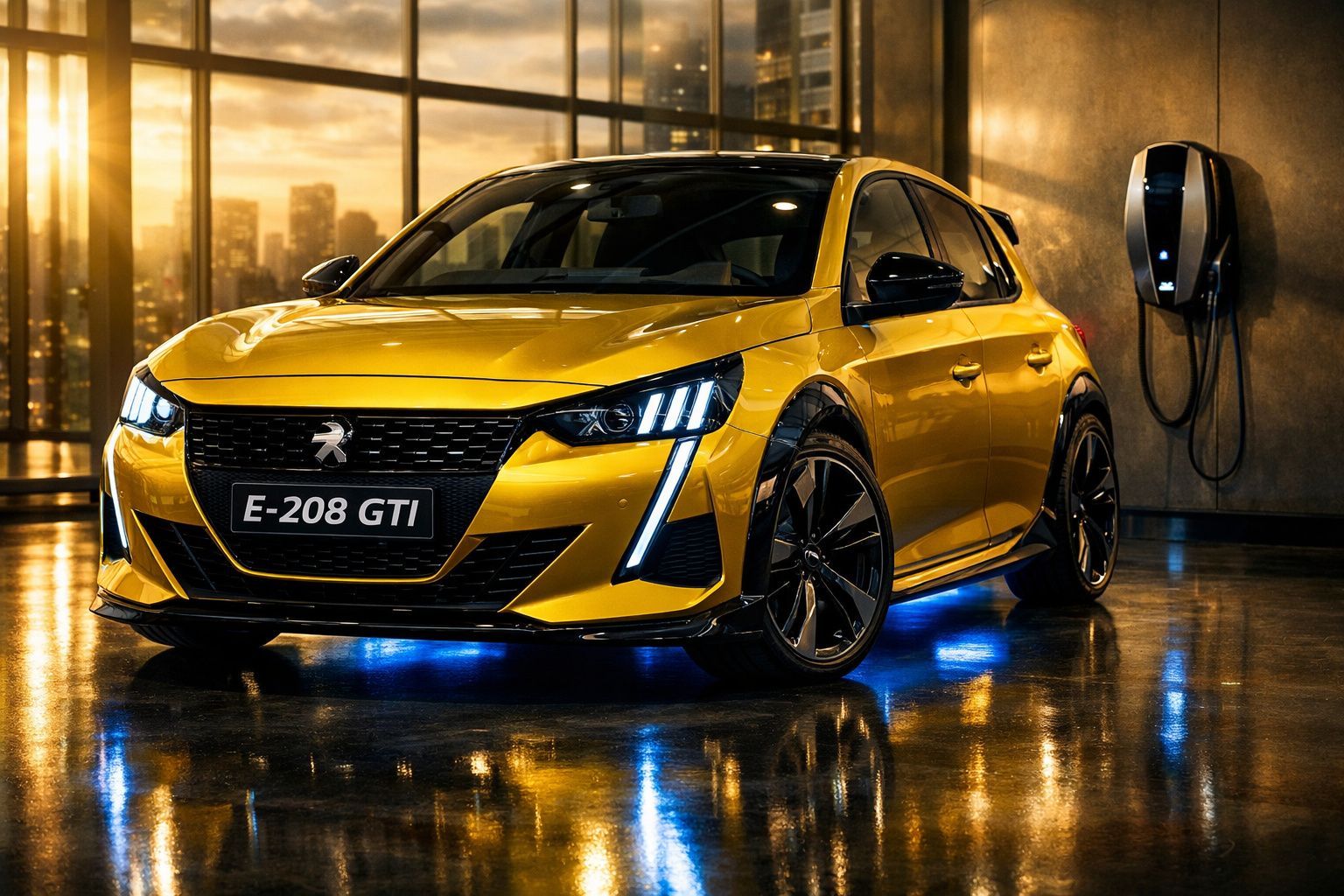 Automóvel elétrico Peugeot amarelo E-208 GTI estacionado junto a carregador numa garagem moderna.