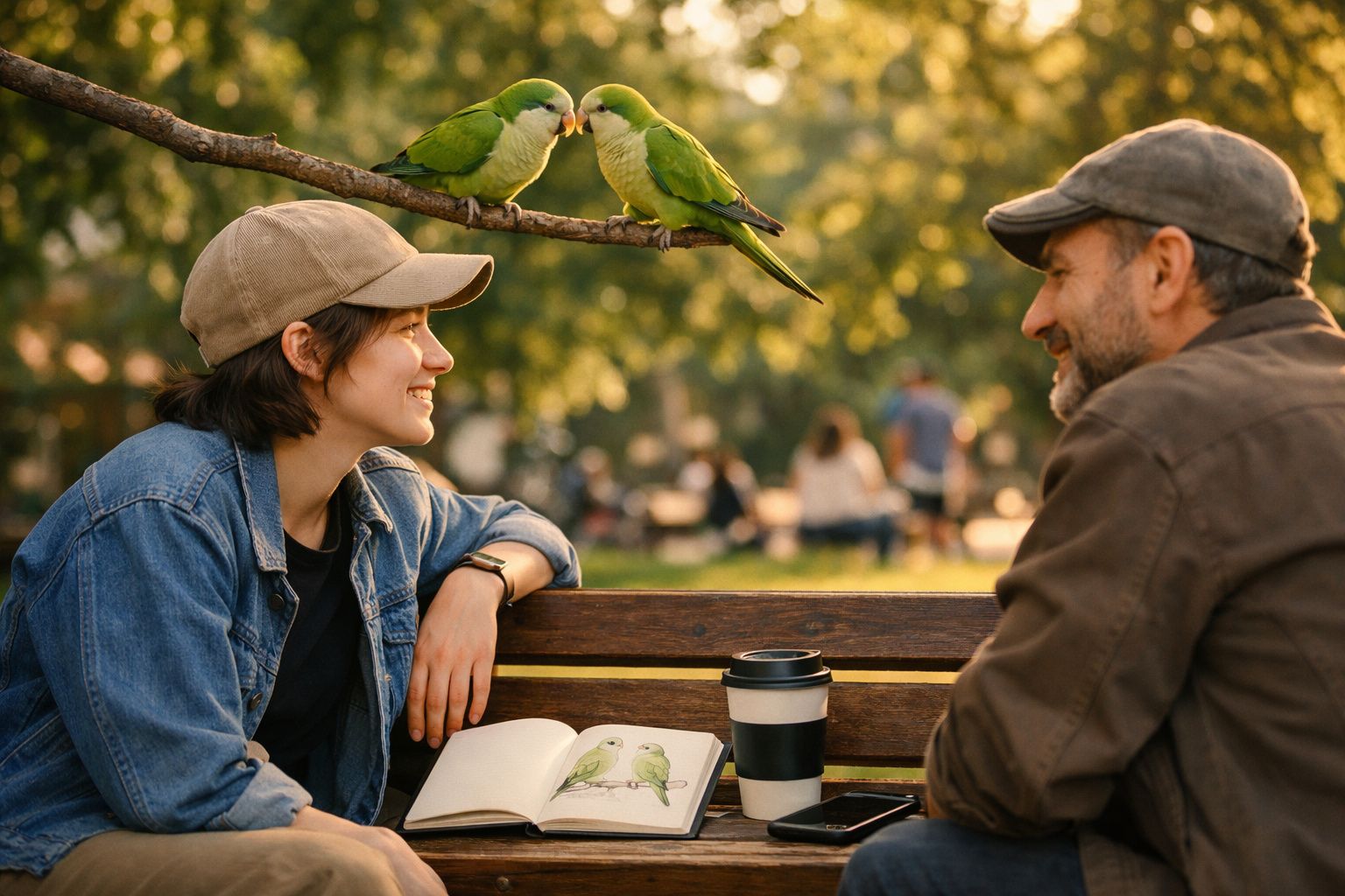 Duas pessoas sentadas num banco de jardim observam dois periquitos verdes pousados num ramo acima.