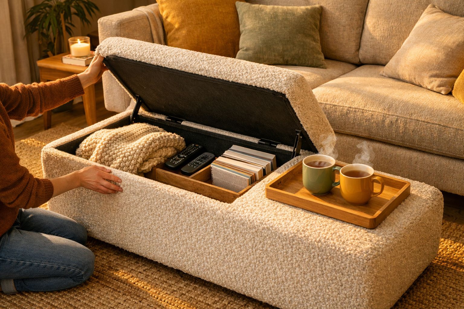 Pessoa abre baú de tecido junto a sofá, com mantas, comandos TV, livros e duas chávenas de chá num tabuleiro.