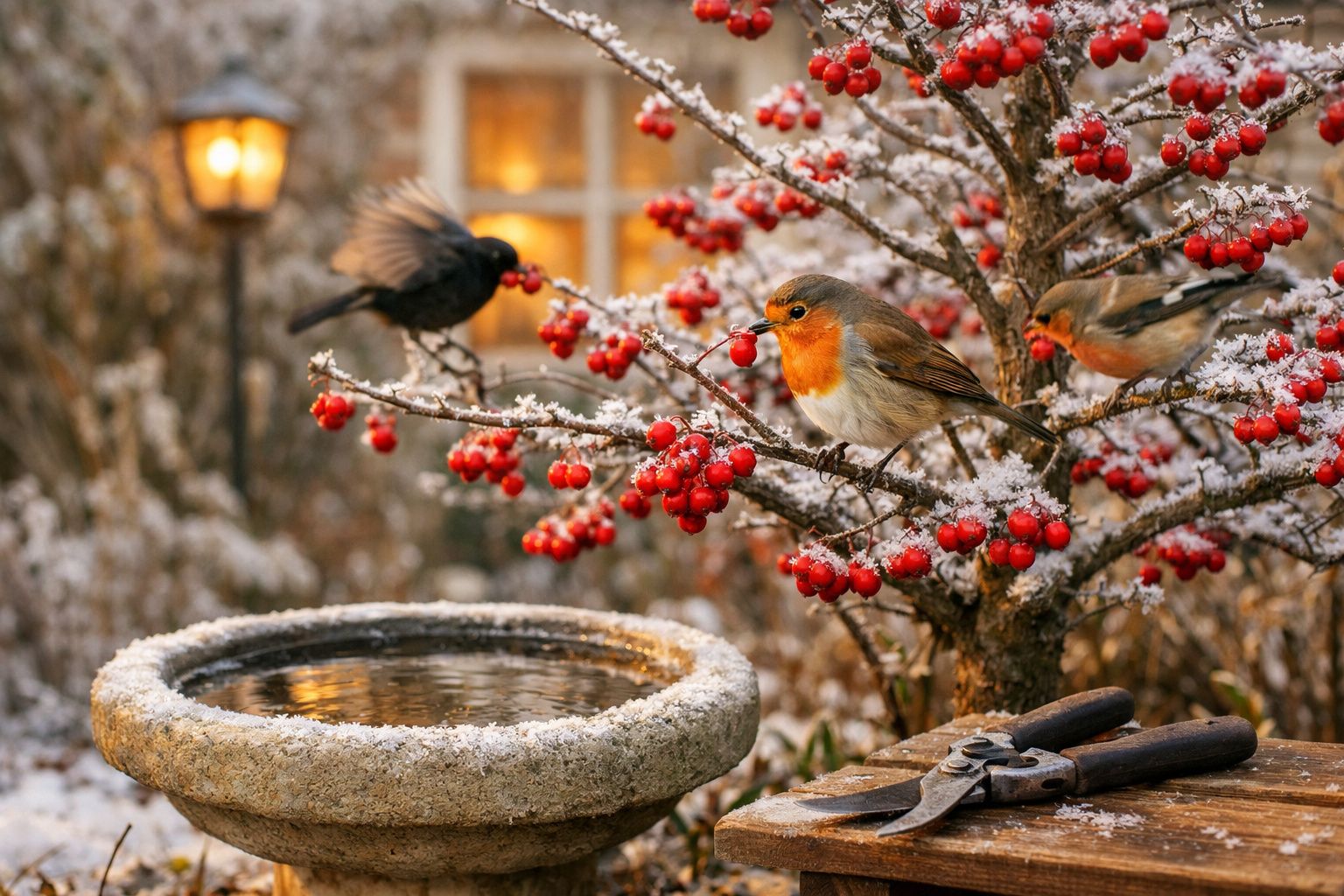 Passarinhos em arbusto com bagas vermelhas e uma tigela de água coberta de geada num jardim de inverno.