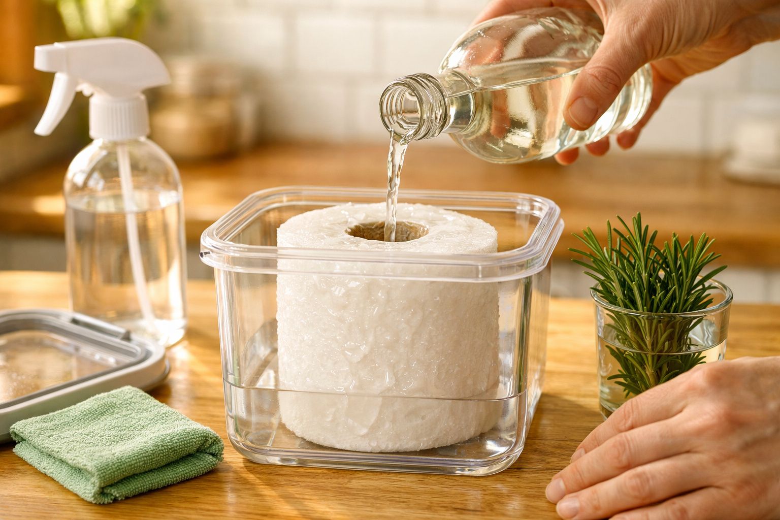 Mão a despejar líquido sobre um rolo de papel dentro de um recipiente transparente numa cozinha.