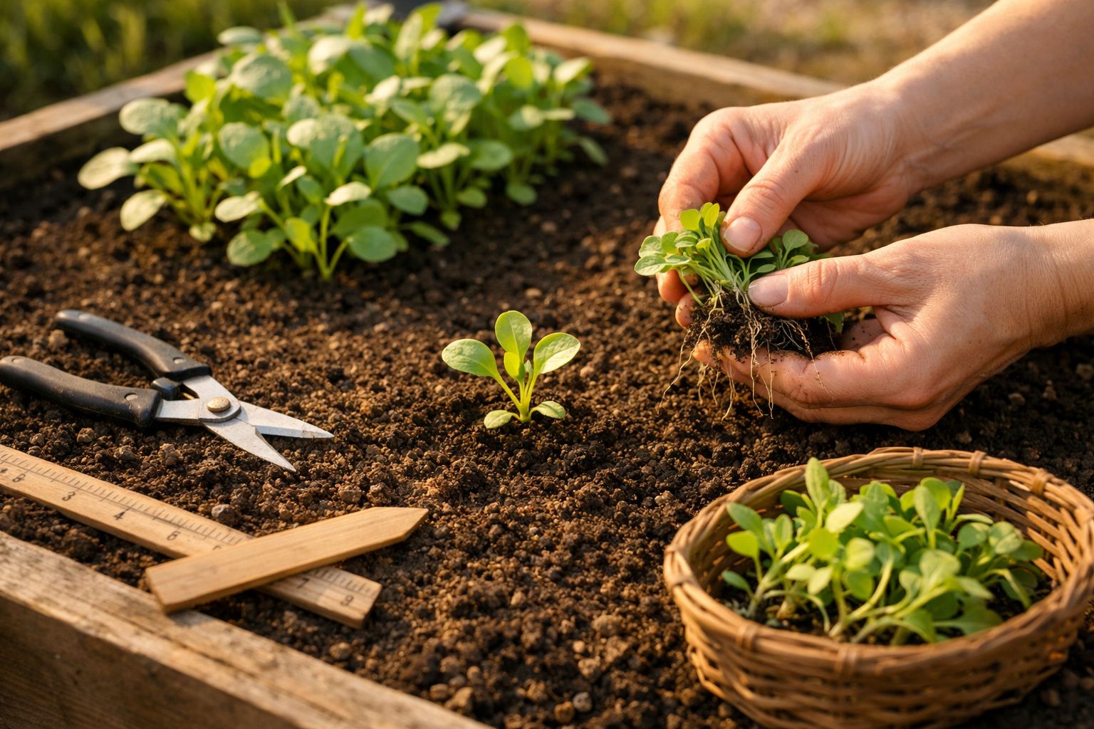Mãos a transplantar pequenas plantas verdes num canteiro com ferramentas de jardinagem ao lado.