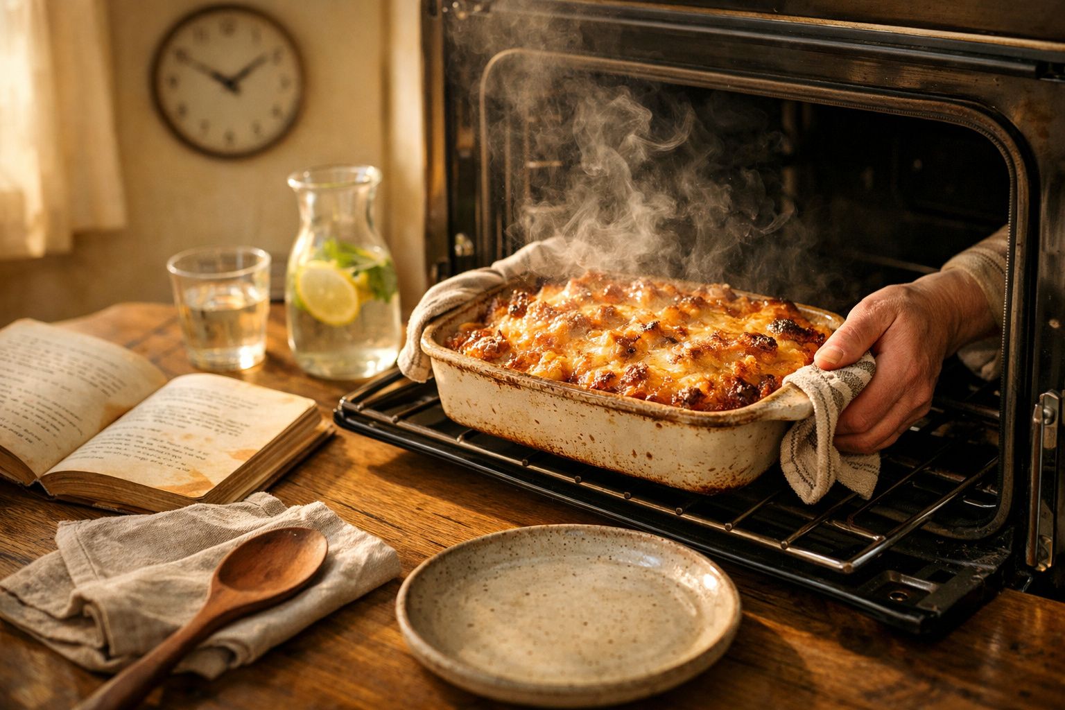 Pessoa a retirar lasanha quente do forno numa cozinha acolhedora com mesa de madeira e acessórios.