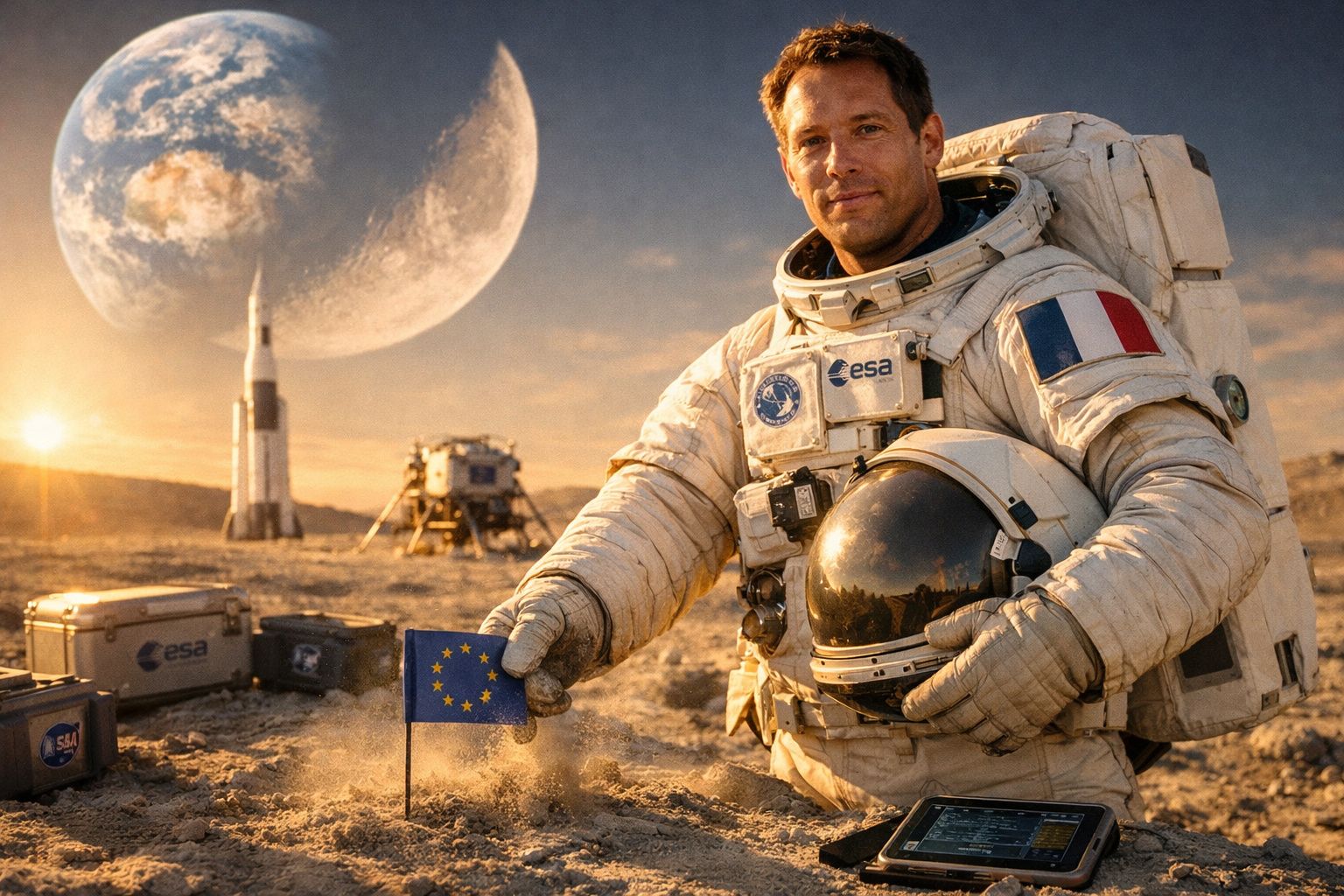 Astronauta europeu em fato espacial no solo lunar, segurando capacete e cravando bandeira da União Europeia.