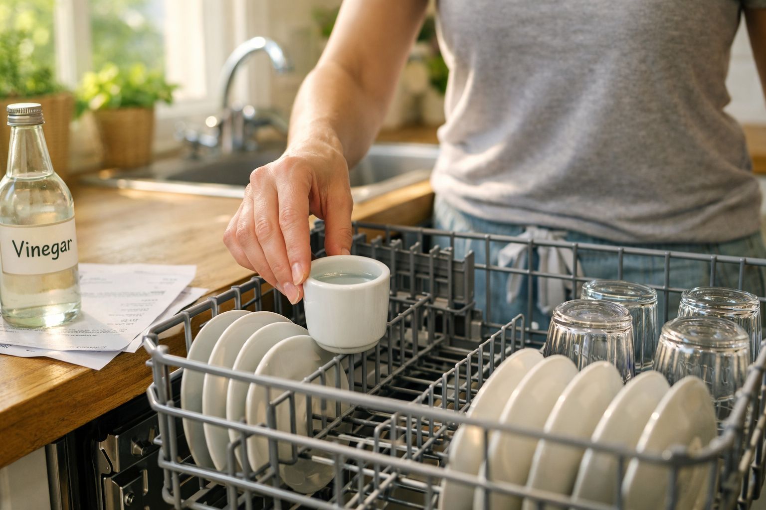 Pessoa a colocar uma chávena numa máquina de lavar loiça com garrafa de vinagre na bancada.