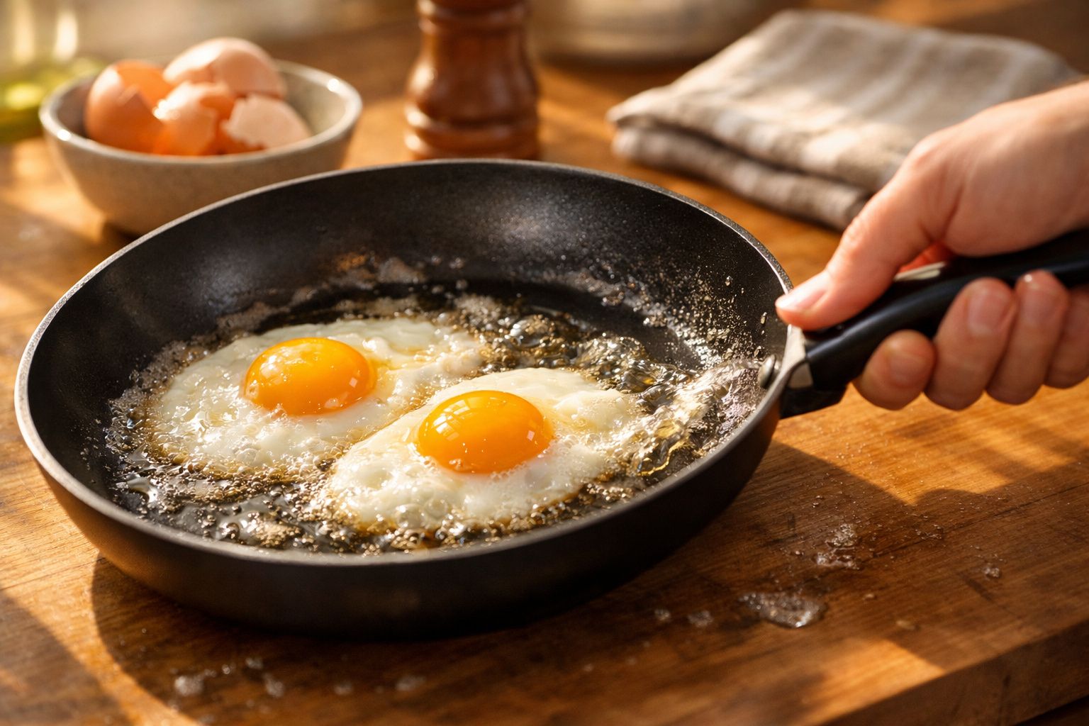Mão segurando frigideira com dois ovos estrelados a fritar em óleo numa mesa de madeira.