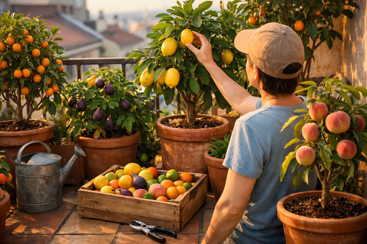 Pessoa a colher limões de plantas em vasos num terraço com várias árvores de fruta e regador metálico.