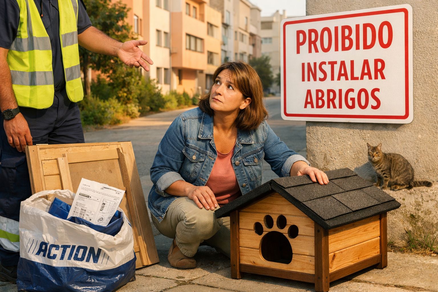 Mulher ajoelhada junto a casota para gatos, com gato ao lado e placa a proibir instalação de abrigos.