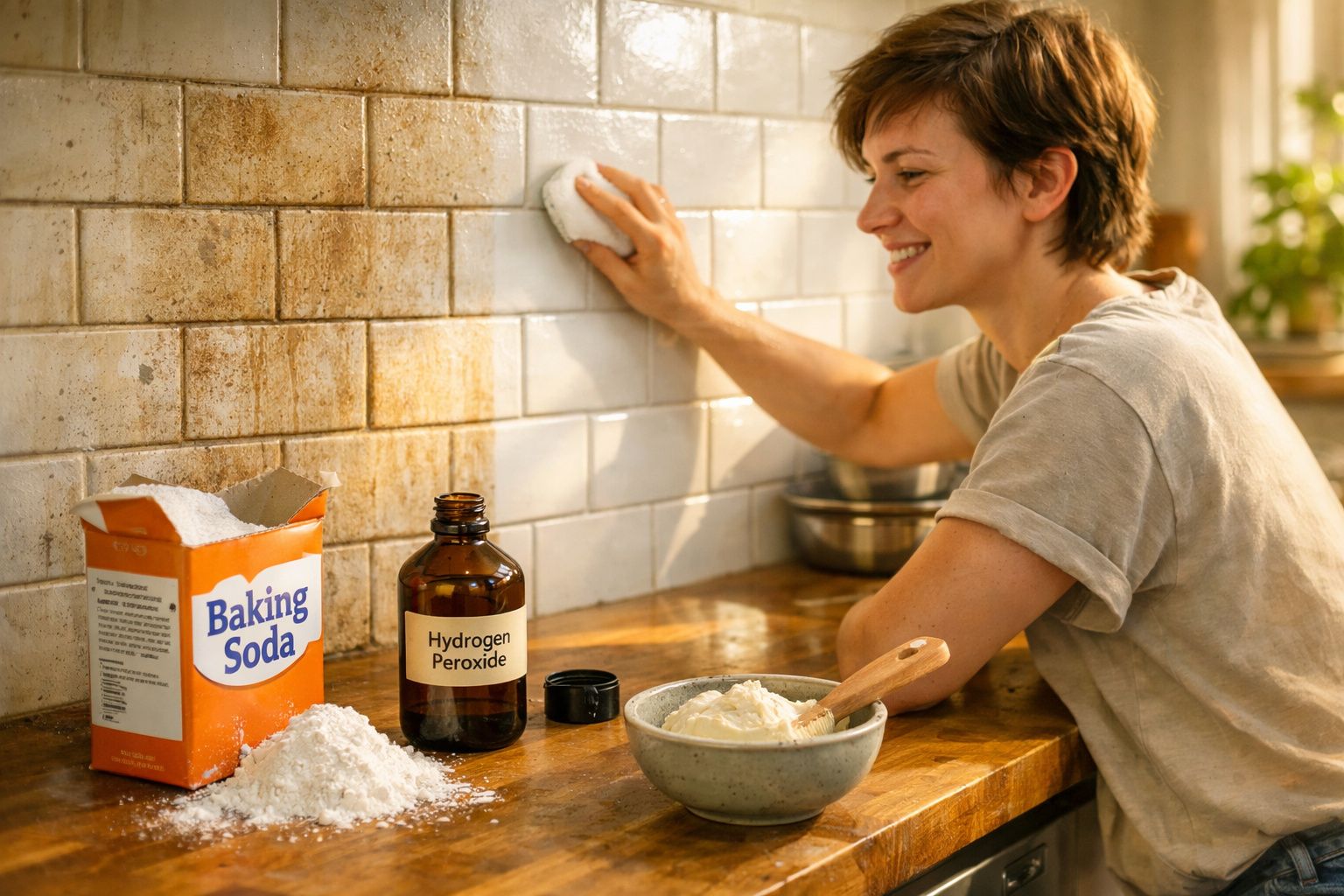 Mulher a limpar azulejos de parede de cozinha com esponja, com bicarbonato de sódio e peróxido de hidrogénio na bancada.