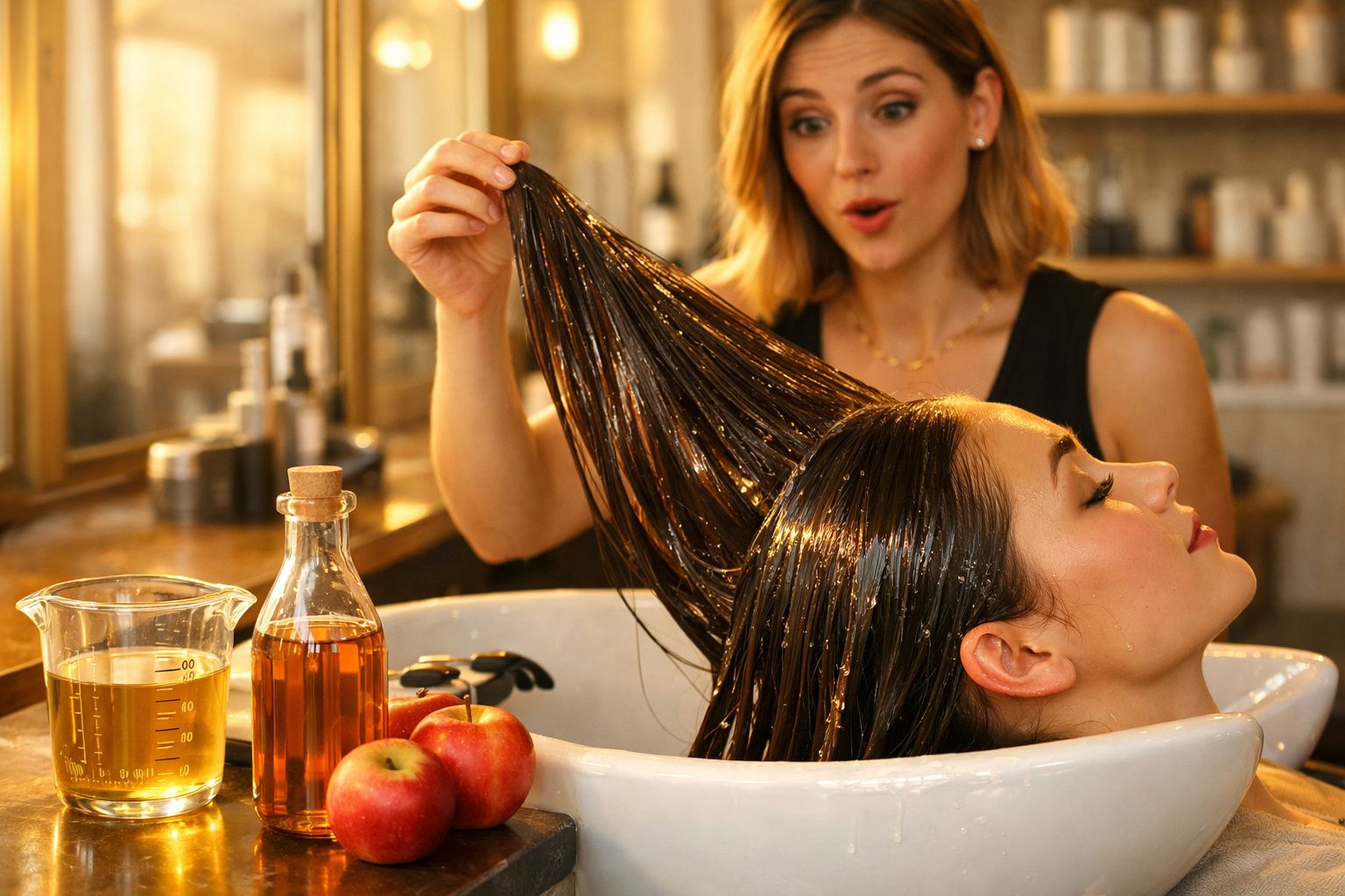 Mulher a receber tratamento capilar com produto natural num salão, com maçãs e óleo ao lado.