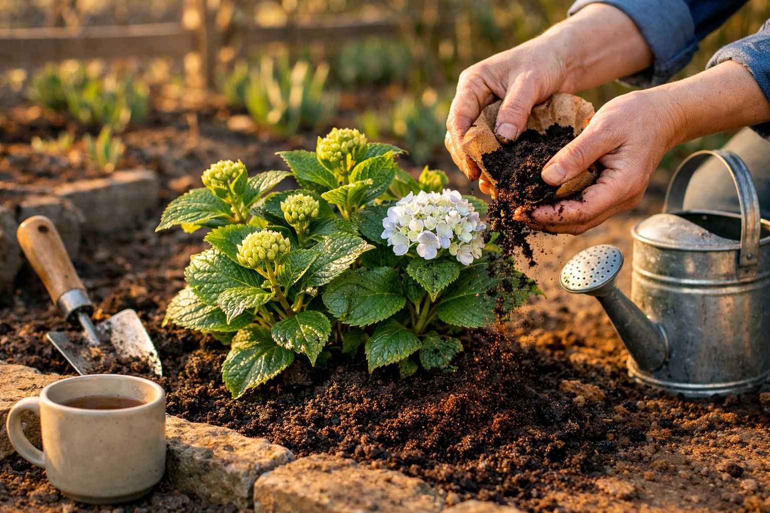 Mãos a adicionar terra a uma planta florida num jardim, com regador, chávena e pá ao lado.
