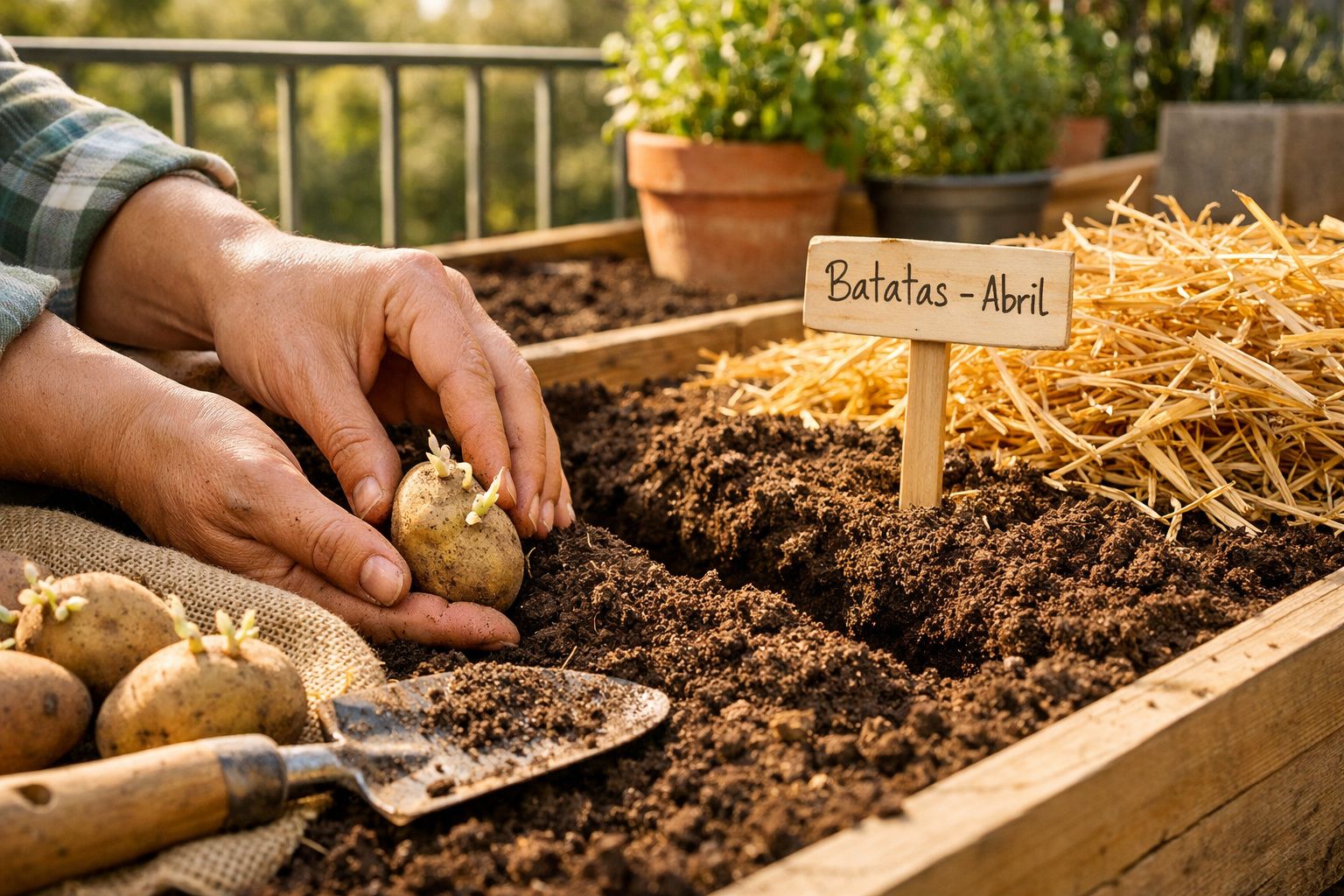 Mãos a plantar batatas num canteiro com placa identificativa "Batatas – Abril" e rega em fundo.