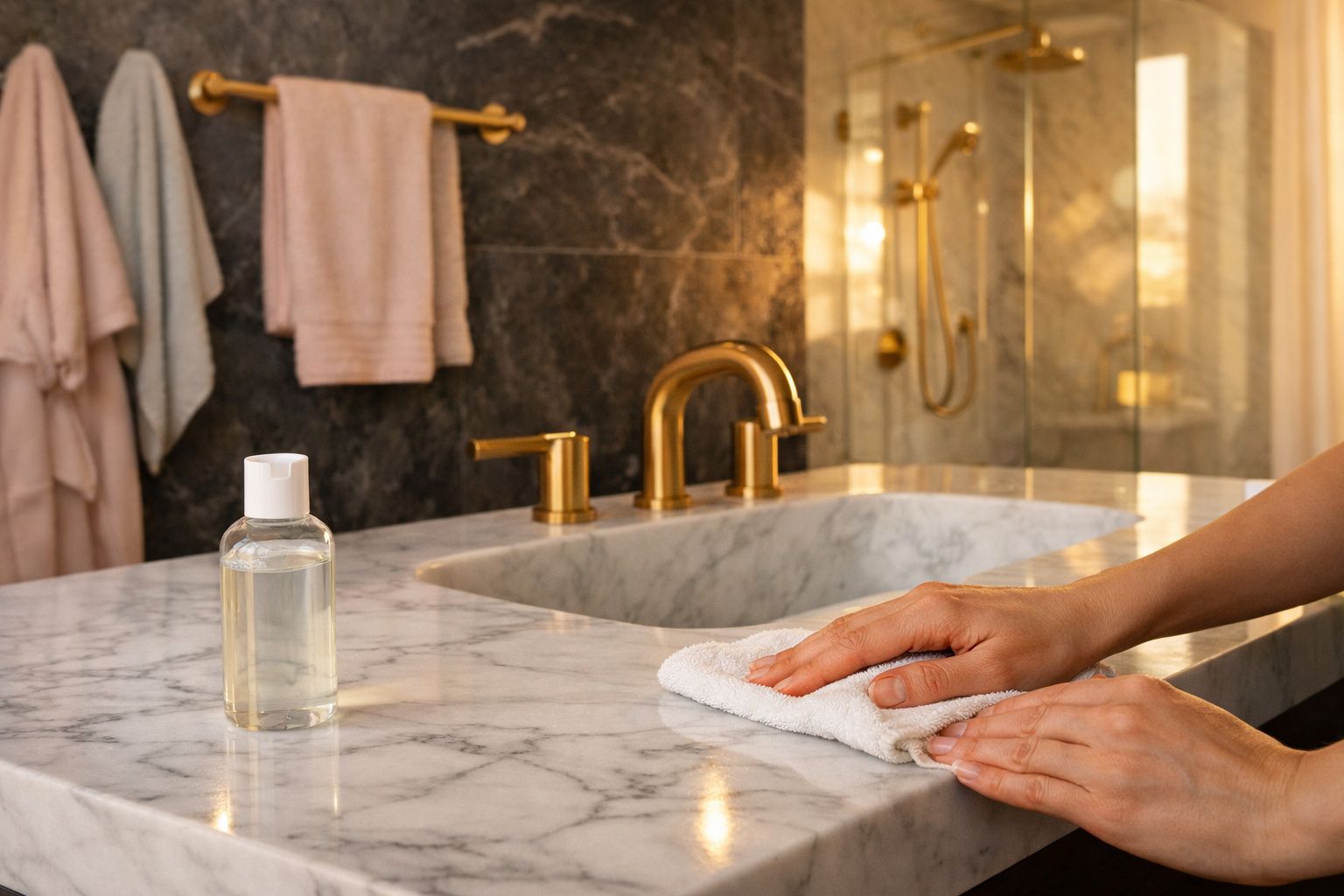 Mãos a limpar bancada de mármore branco com pano branco numa casa de banho com torneiras douradas.
