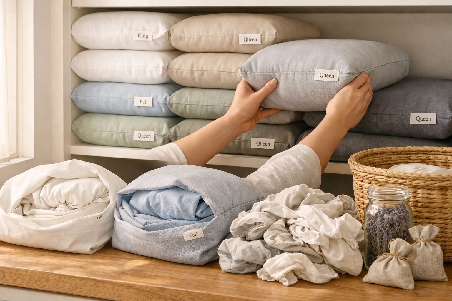 Pessoa a arrumar almofadas etiquetadas por tamanho, com roupas e frascos numa prateleira de madeira.