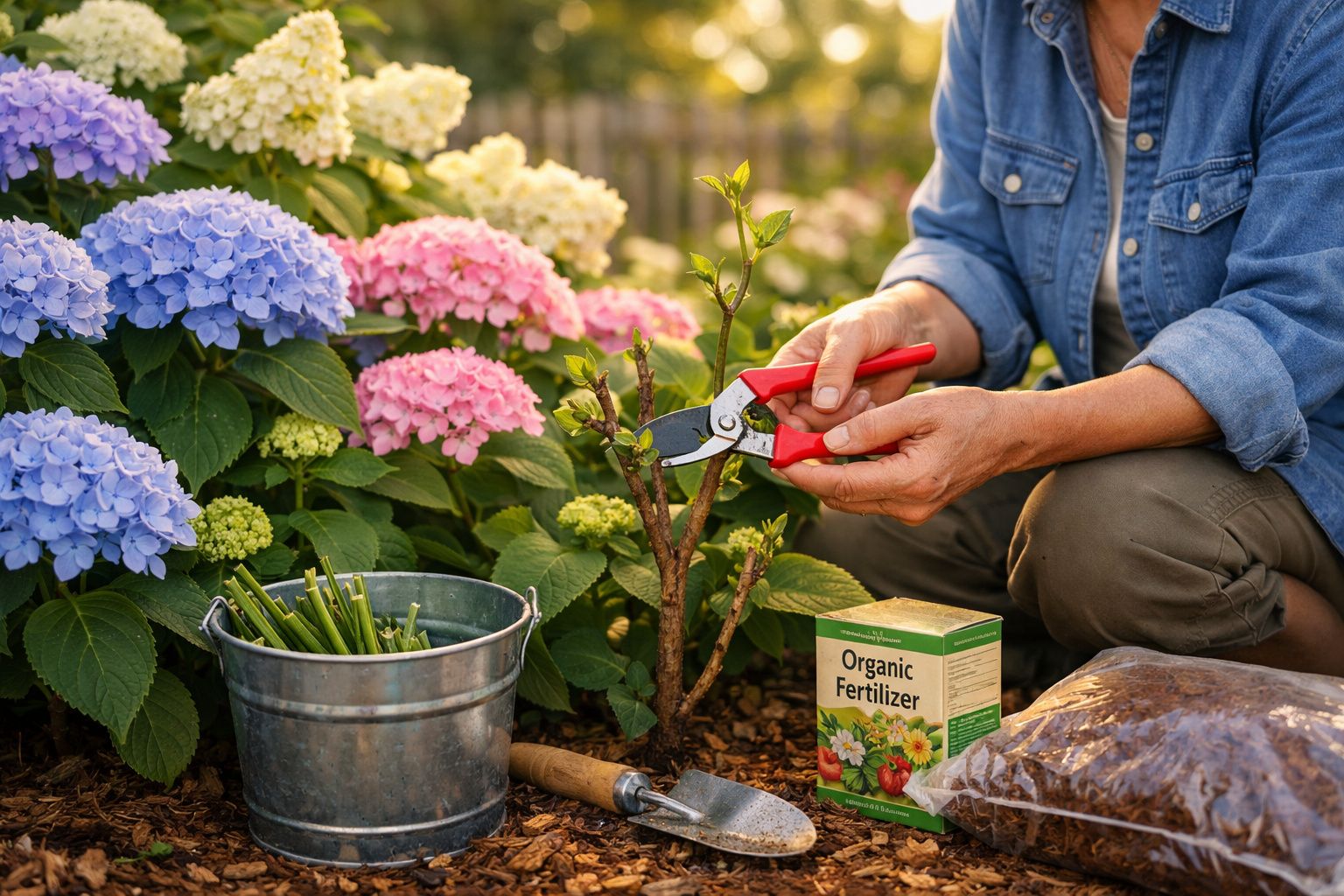 Pessoa a podar planta com tesoura de poda junto a flores coloridas e acessórios de jardinagem.
