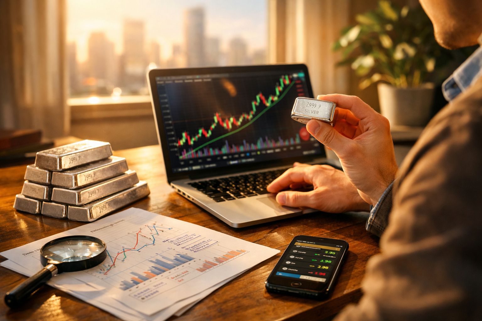 Pessoa a analisar investimentos em prata com gráficos financeiros em computador e smartphone.