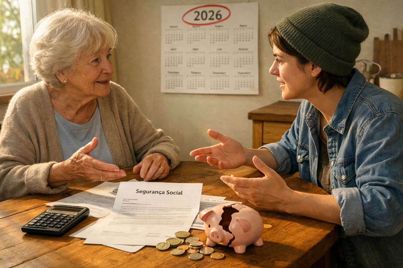 Duas mulheres a discutir documentos de Segurança Social com moedas, calculadora e mealheiro numa mesa de madeira.