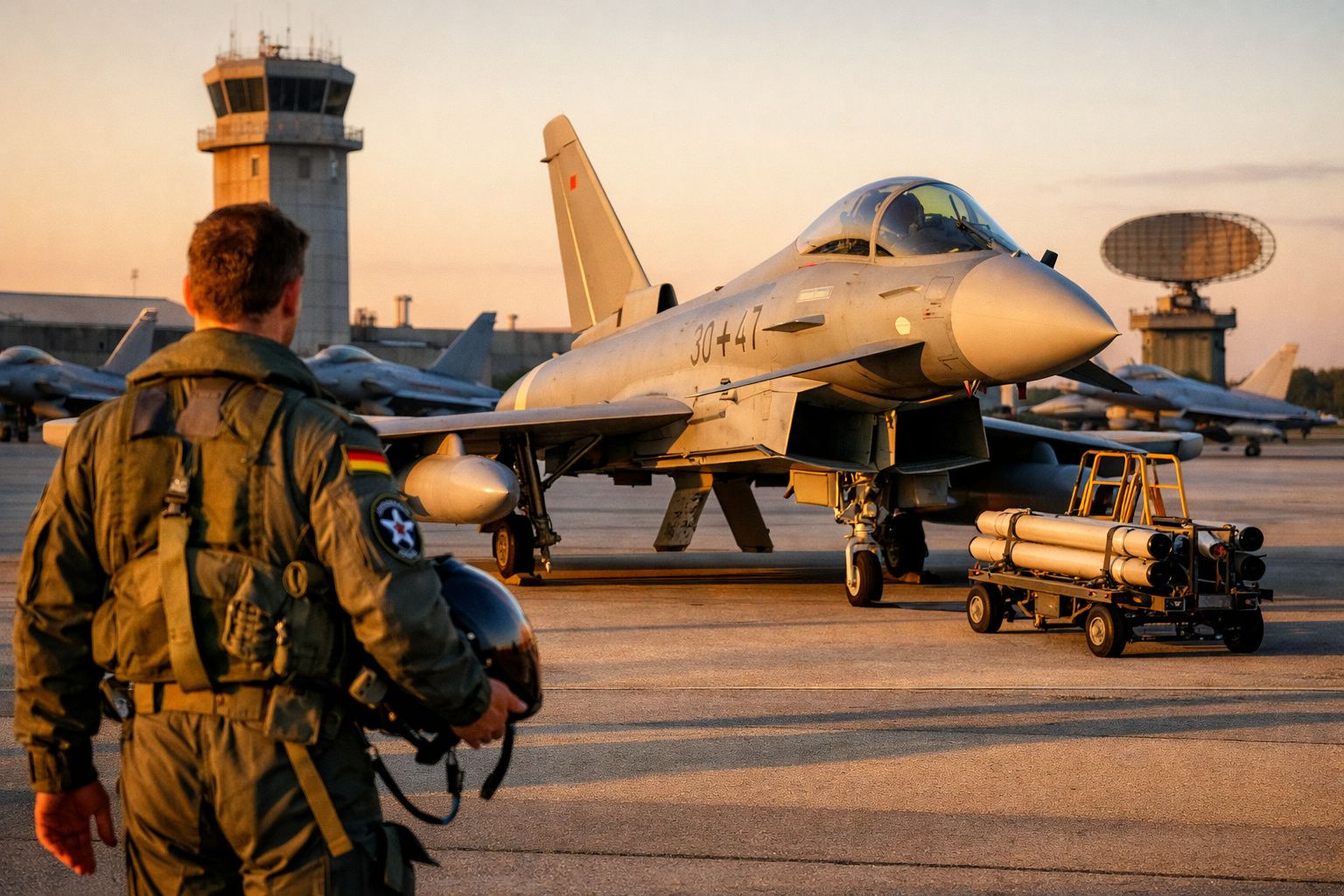 Piloto militar com fato táctico observa caça eurofighter Typhoon numa base aérea ao pôr do sol.