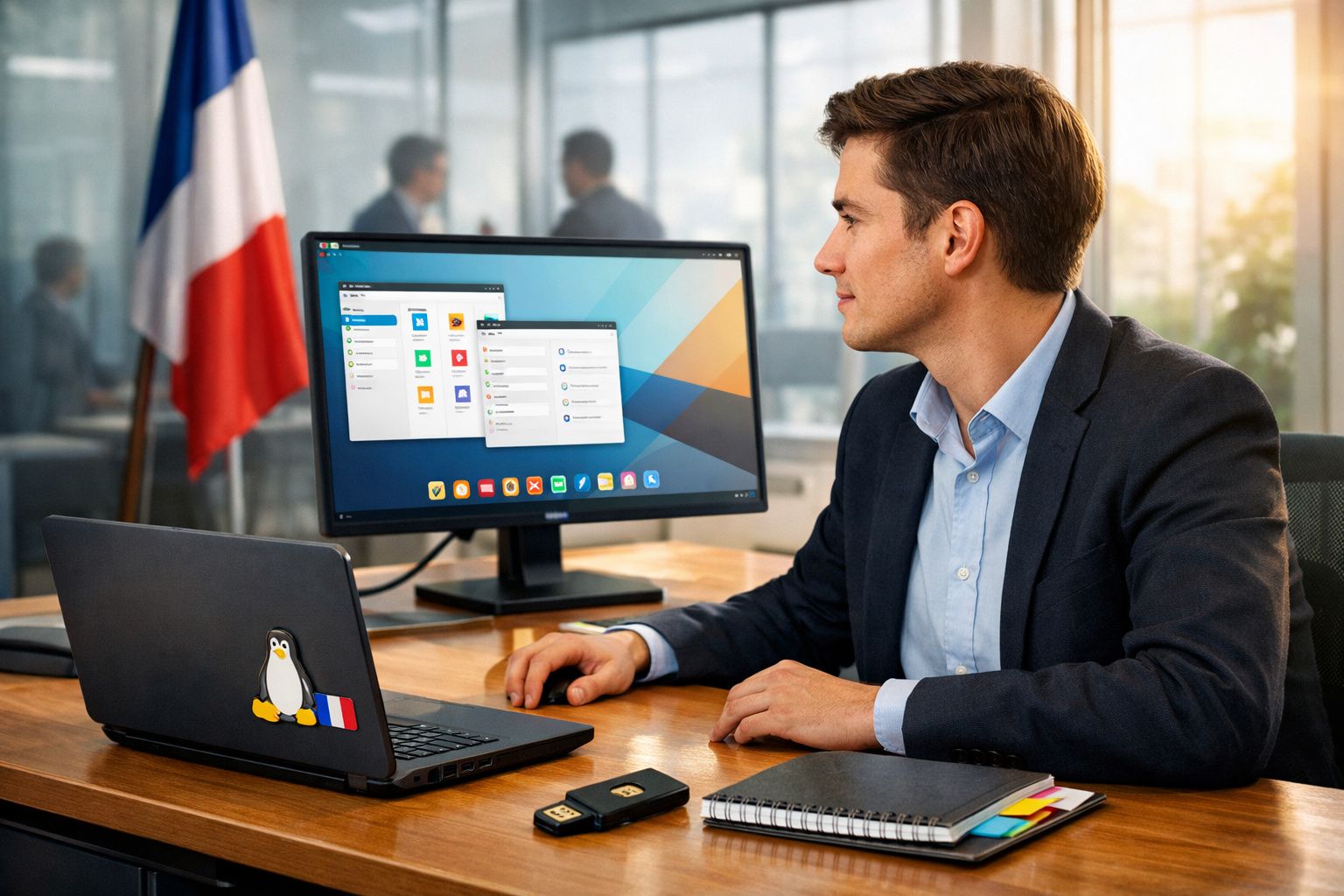 Homem sentado num escritório a trabalhar num computador com sistema operativo Linux, bandeira francesa ao fundo.