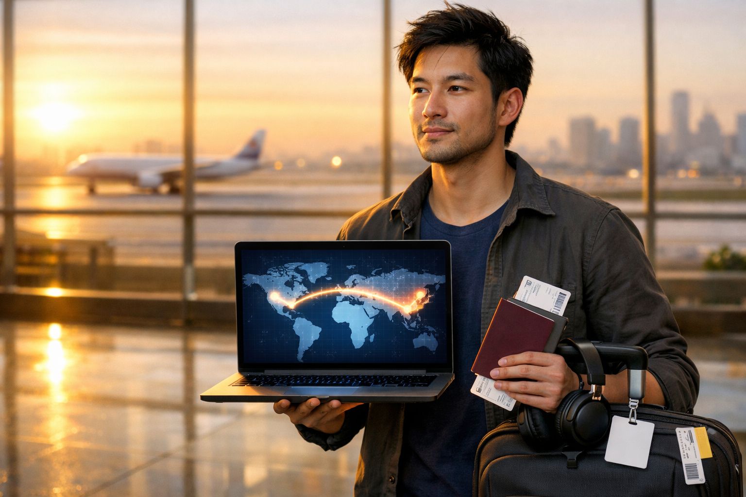 Homem numa aeroporto segura passaporte e portátil com mapa e rota aérea ao pôr do sol.