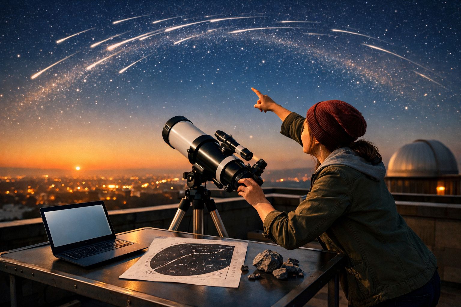 Pessoa com telescópio aponta para chuva de meteoros no céu estrelado, com laptop e mapa estelar na mesa.
