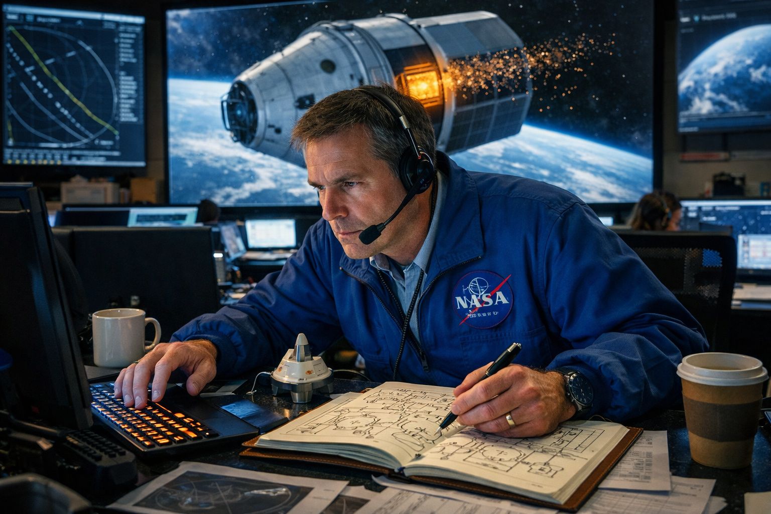 Homem com fato NASA e auricular trabalha no computador e faz anotações em caderno num centro de controlo espacial.