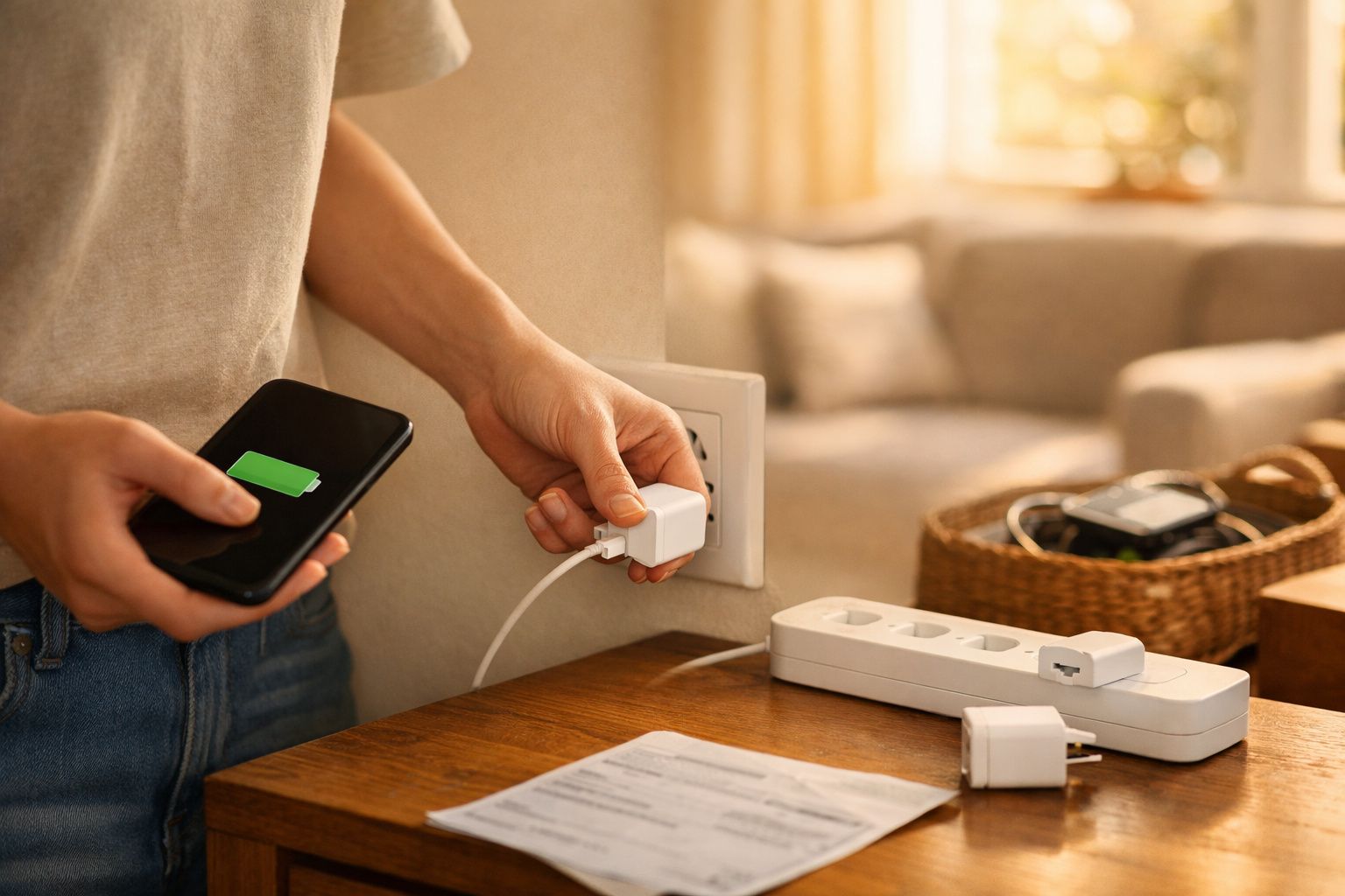 Pessoa a ligar carregador à tomada enquanto segura smartphone a carregar numa mesa de madeira.