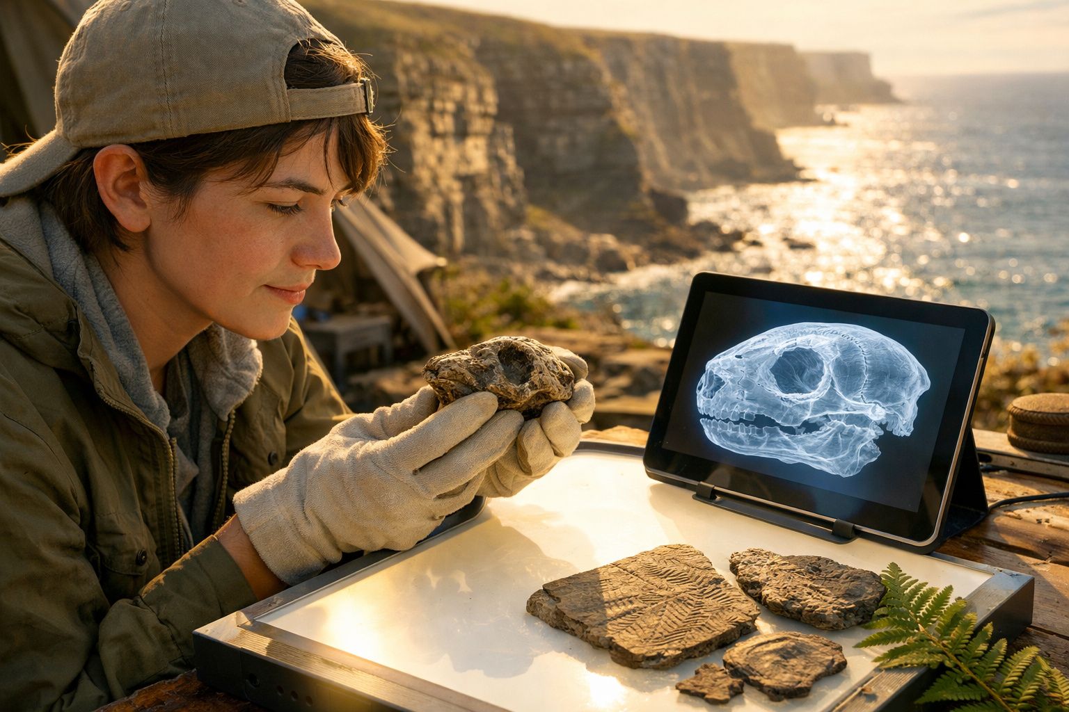 Mulher analisa fóssil à beira-mar com imagem de crânio em tablet durante escavação arqueológica.