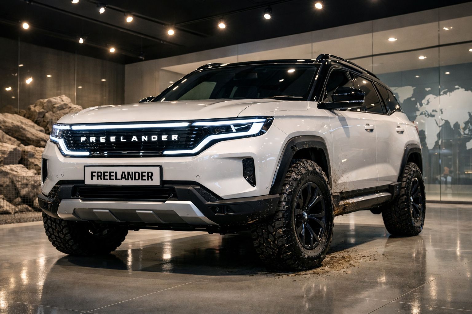 SUV branco Land Rover Freelander numa exposição moderna com luzes refletidas no tejadilho preto.