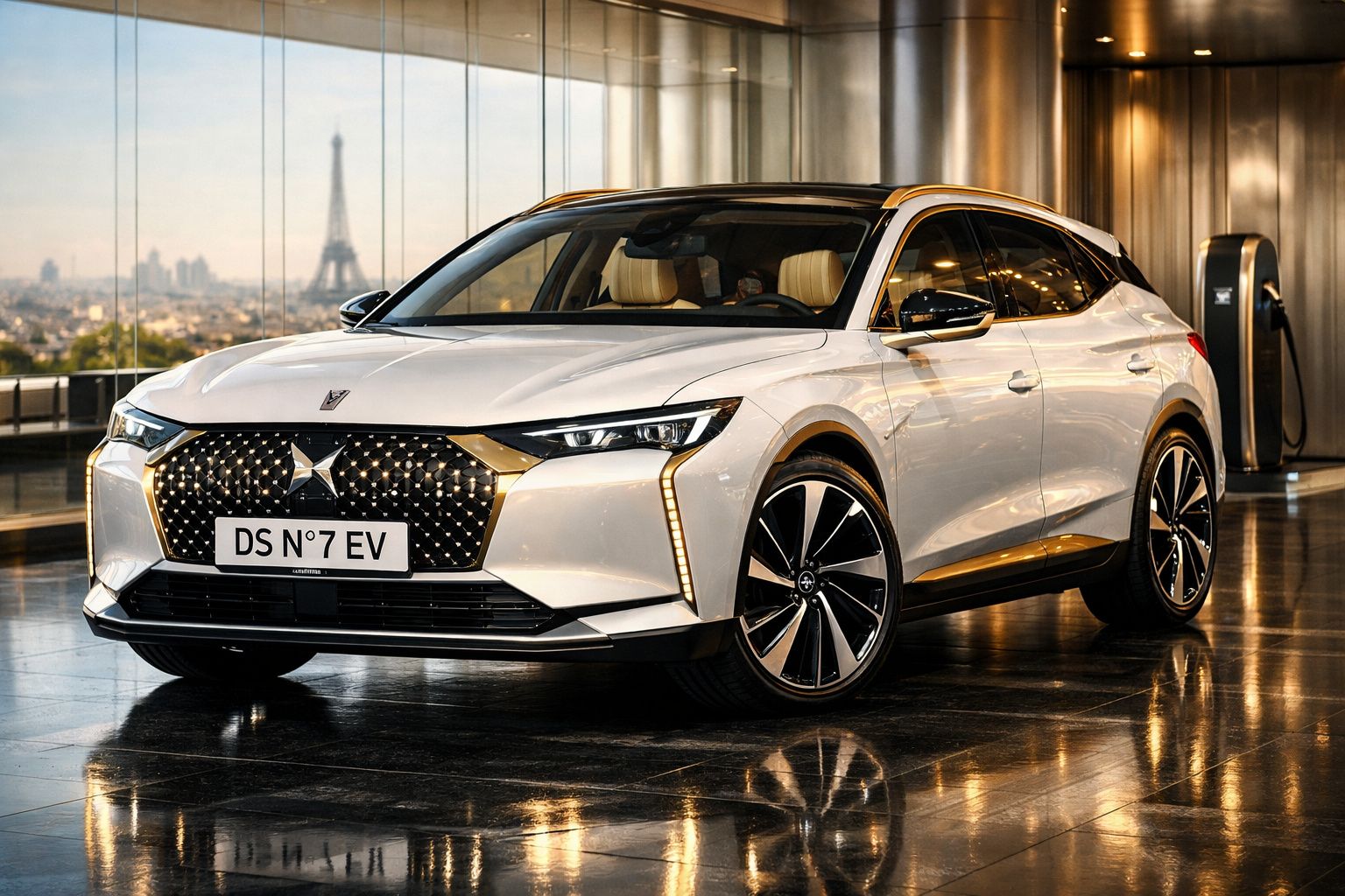 Automóvel elétrico branco DS Nº7 EV estacionado em garagem com vista para a Torre Eiffel, Paris.