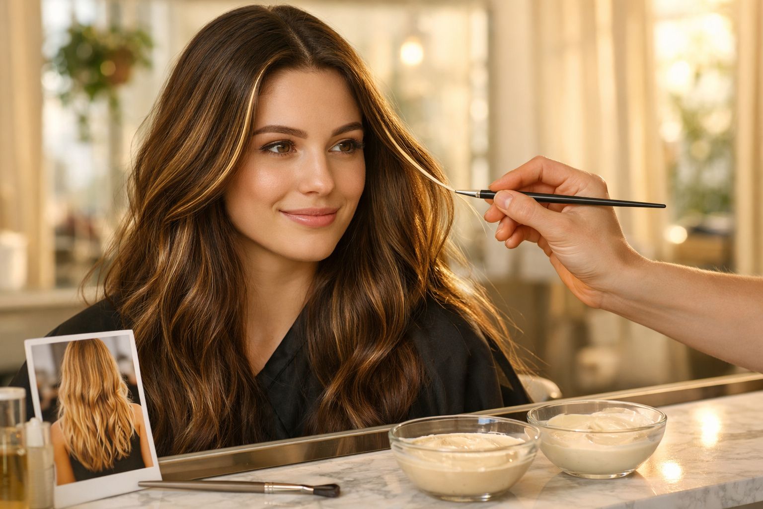 Mulher sorridente a receber tratamento de sobrancelhas num salão de beleza moderno.