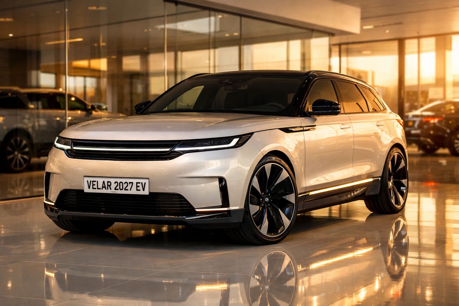 Carro elétrico branco Velar 2027 EV com design moderno estacionado em interior iluminado.
