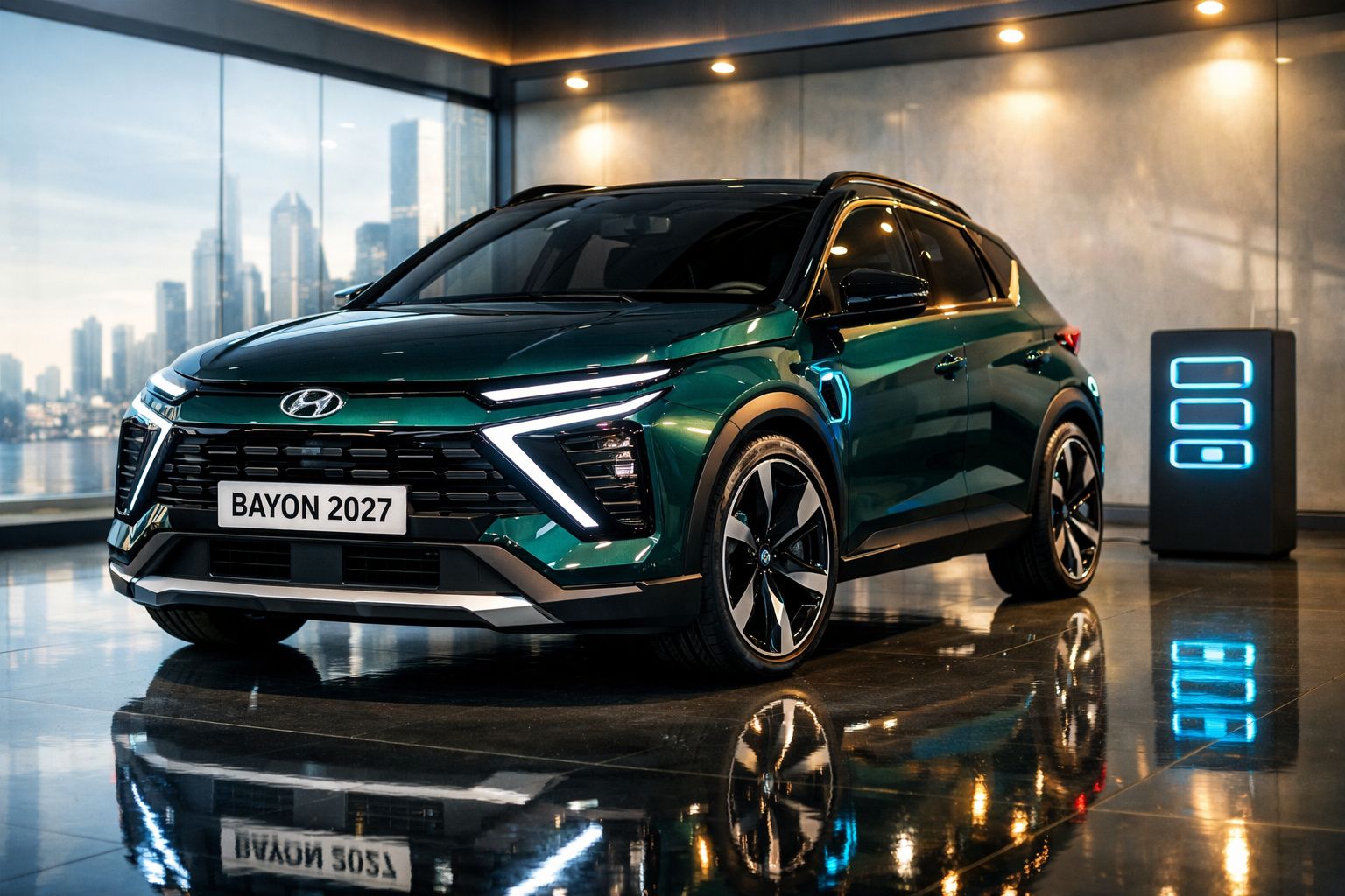 SUV Hyundai Bayon 2027 verde estacionado em interior moderno junto a posto de carregamento elétrico azul.