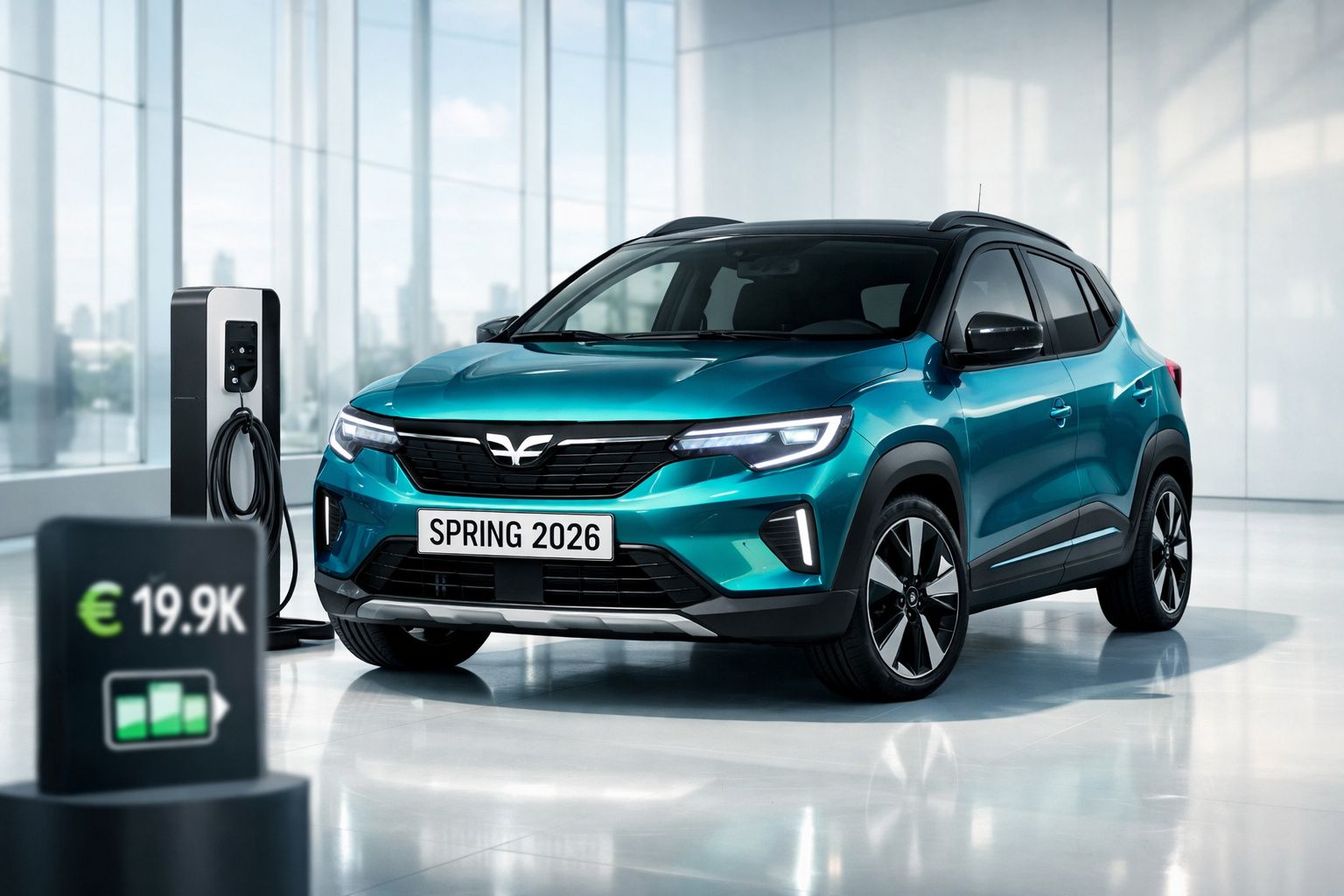 Carro elétrico azul modelo Spring 2026 estacionado junto a posto de carregamento interior moderno.