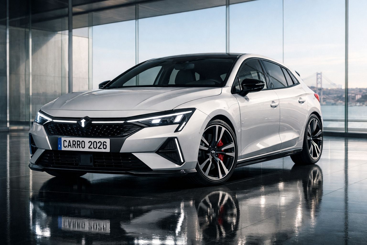 Carro desportivo branco com design moderno estacionado em superfície brilhante junto a janelas grandes.