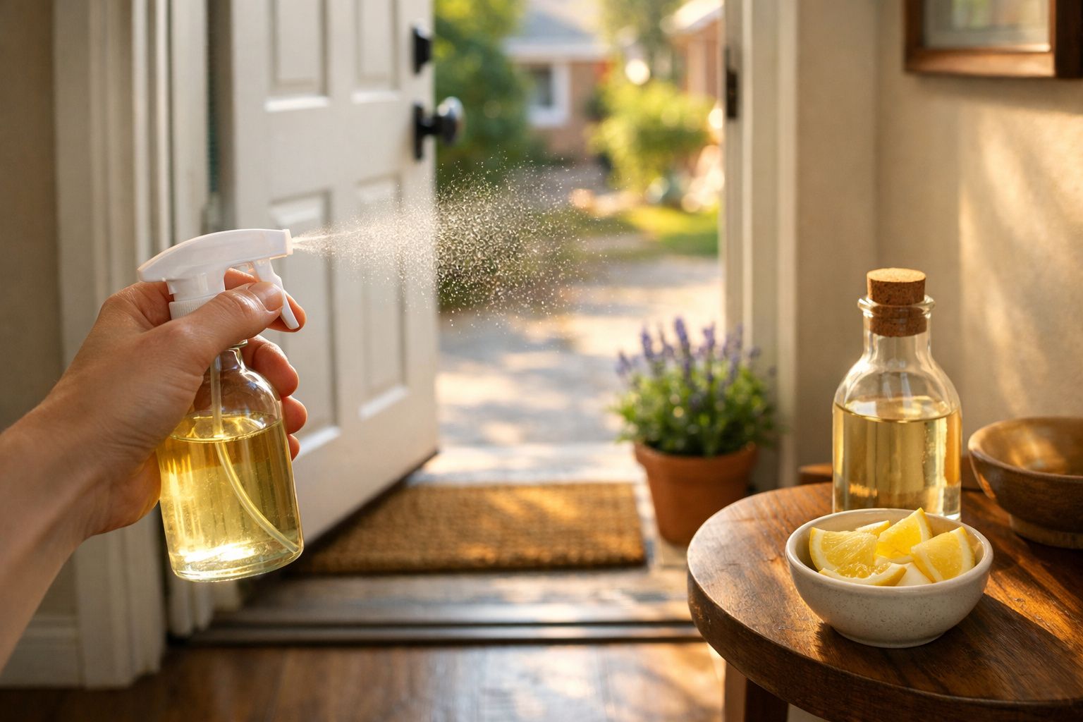 Mão a borrifar spray com líquido amarelo, perto de mesa com limão e garrafa, com porta aberta e planta ao fundo.