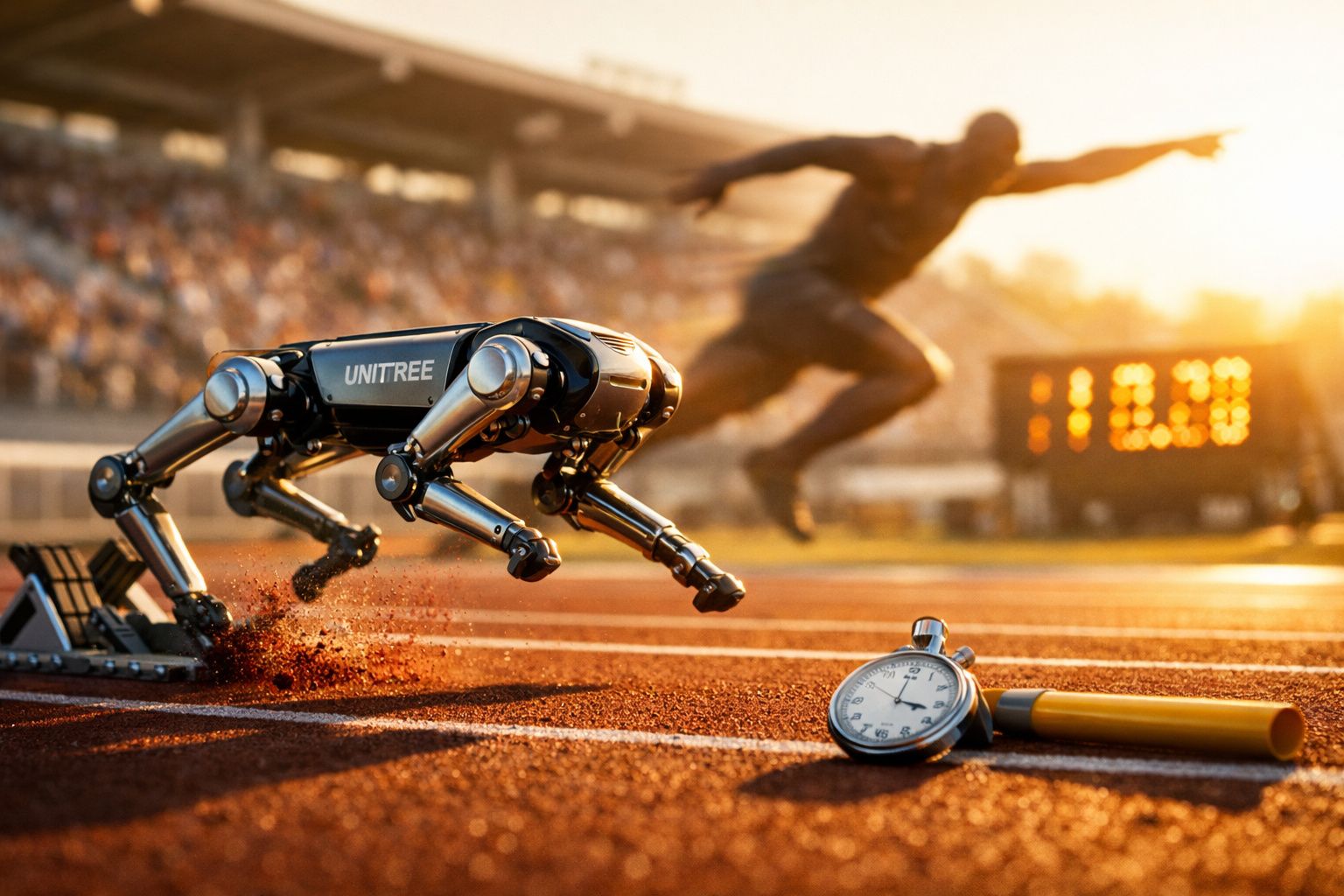 Robô quadrúpede a arrancar numa corrida com atleta humano ao fundo numa pista de atletismo ao pôr do sol.