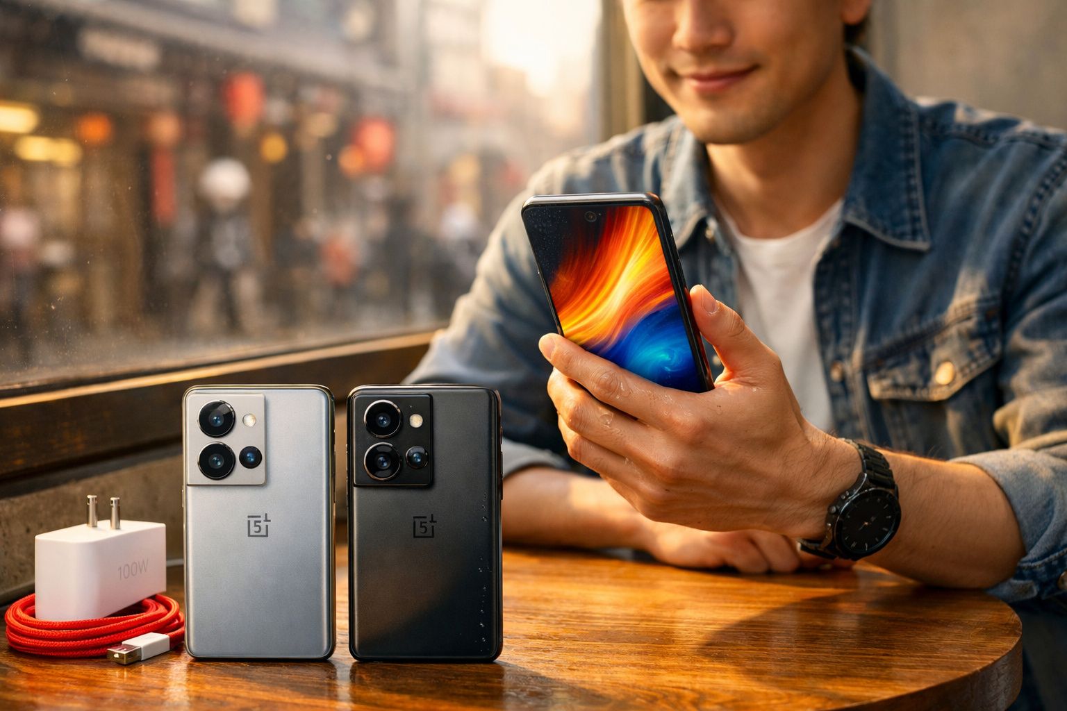 Homem segurando smartphone OnePlus com dois telemóveis e carregador sobre mesa junto a janela.