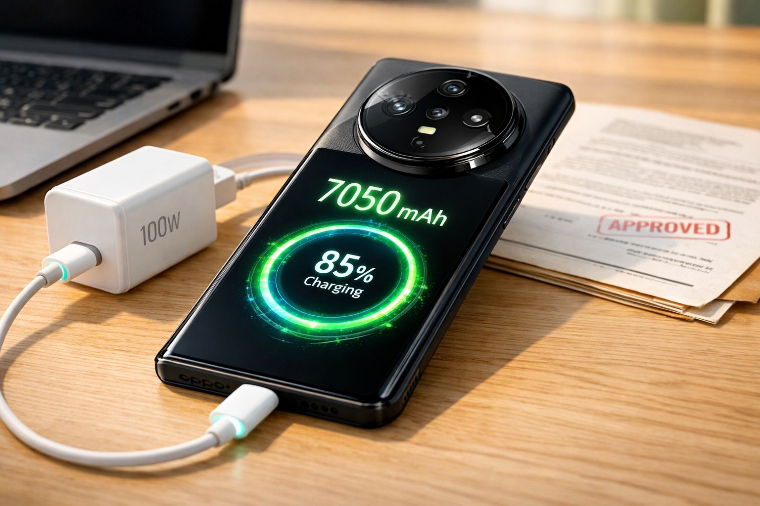 Smartphone Oppo a carregar com 85% de bateria e carregador rápido de 100W sobre mesa de madeira.