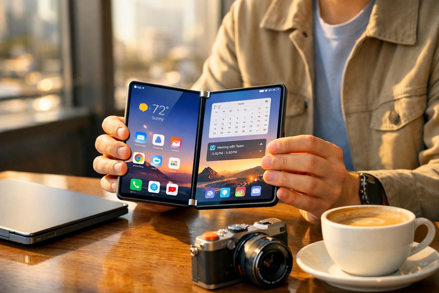 Pessoa a segurar smartphone dobrável aberto com interface de calendário e aplicações, sobre mesa com máquina fotográfica e ch