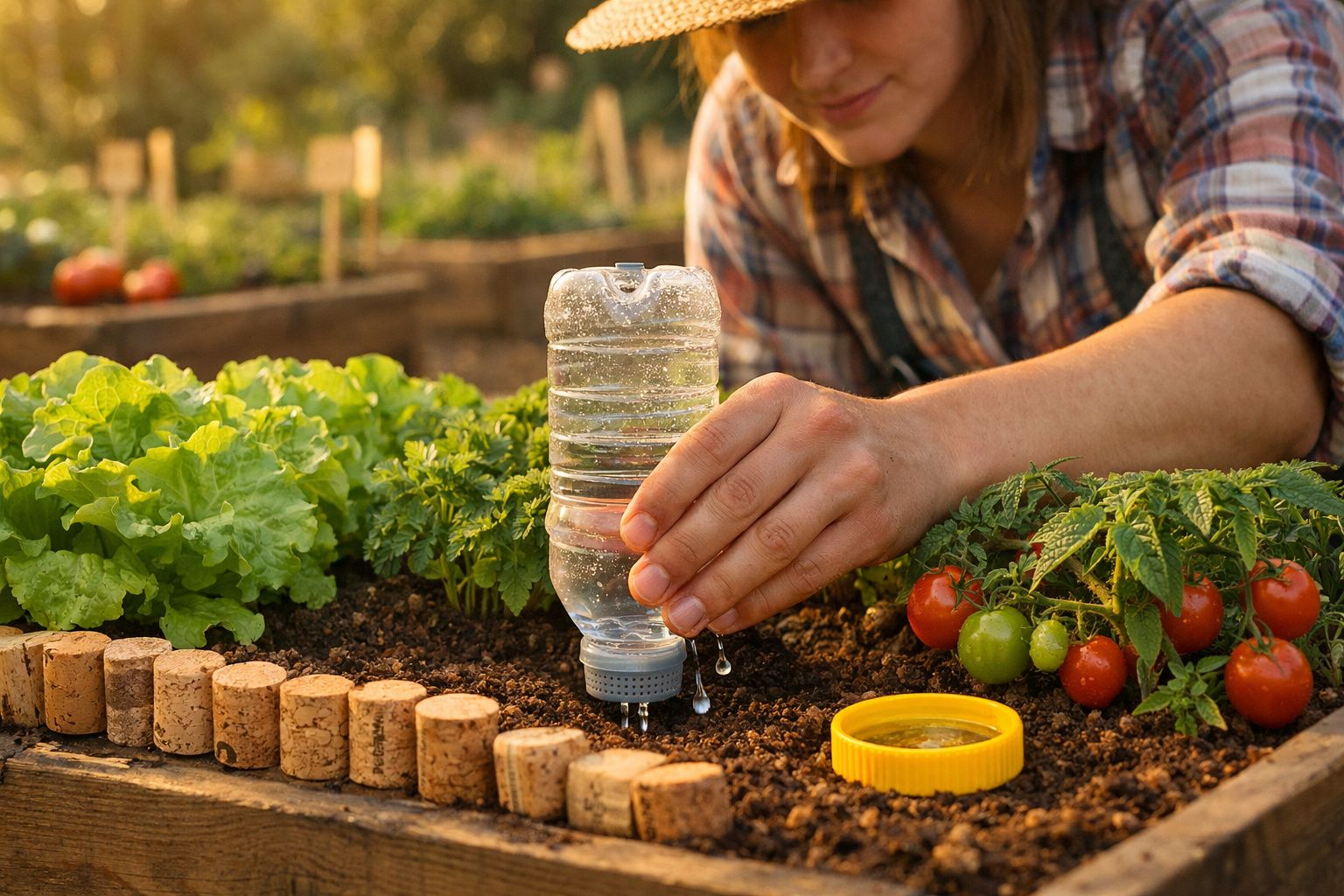 Pessoa a regar plantas com garrafa de plástico reutilizada num jardim com alfaces e tomates.