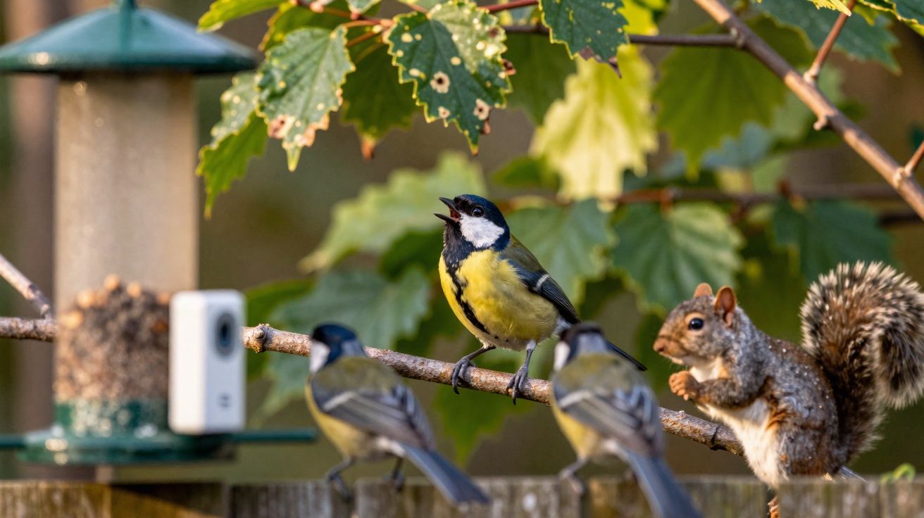 Pássaros e um esquilo em ramo junto a comedouro de aves num jardim com folhas verdes ao fundo.