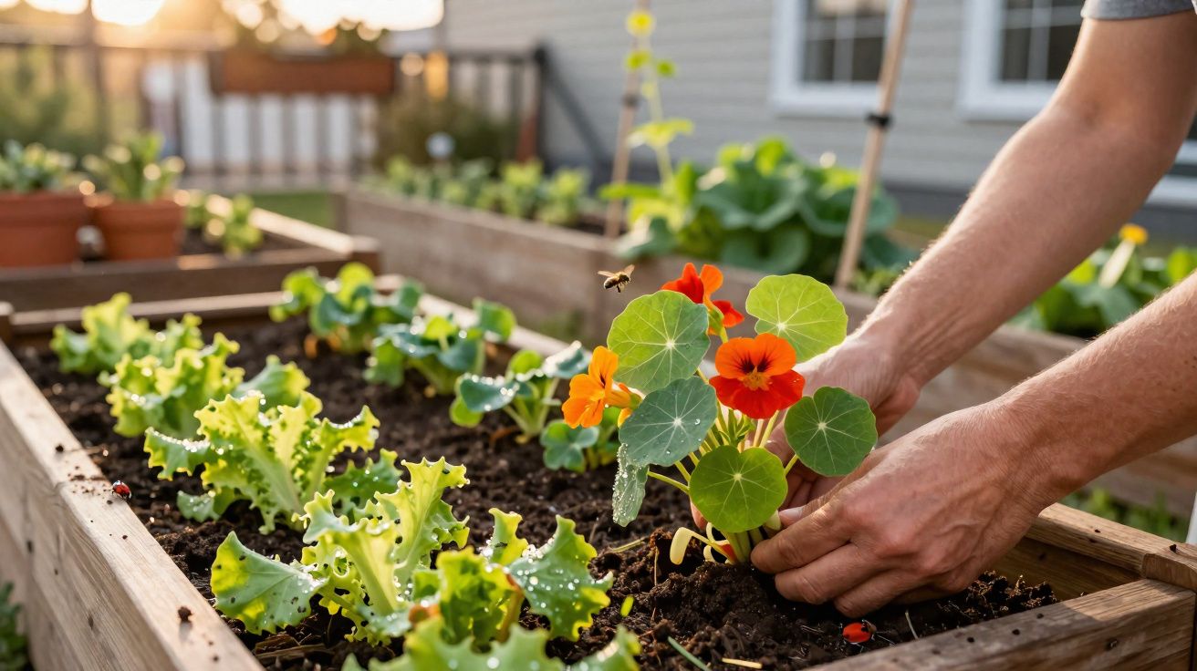 Mãos a plantar flores laranjas numa cama elevada de jardim com alfaces e joaninhas ao amanhecer.