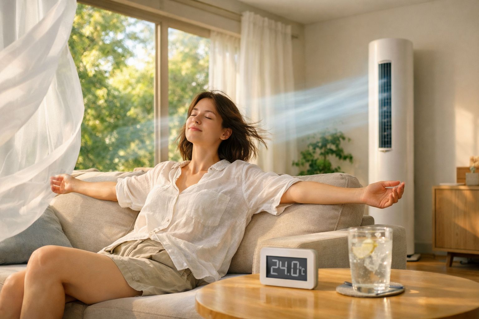 Mulher relaxa no sofá com ar condicionado e temperatura de 24°C num ambiente arejado e iluminado.