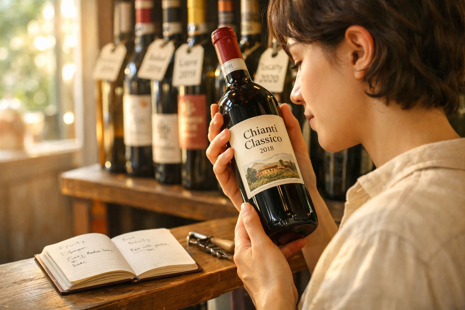Pessoa examina uma garrafa de vinho Chianti Classico 2018, com várias garrafas ao fundo e um caderno aberto.