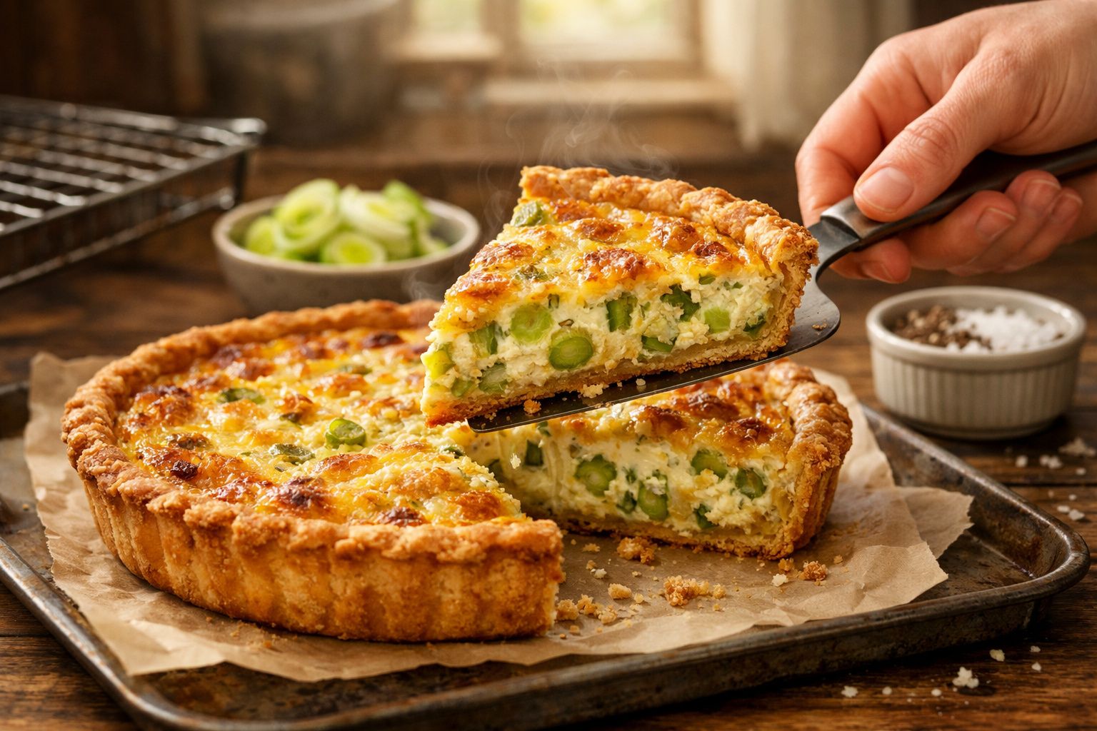 Tarte salgada com espargos e queijo a ser servida, em tabuleiro com fundo rústico e temperos ao lado.