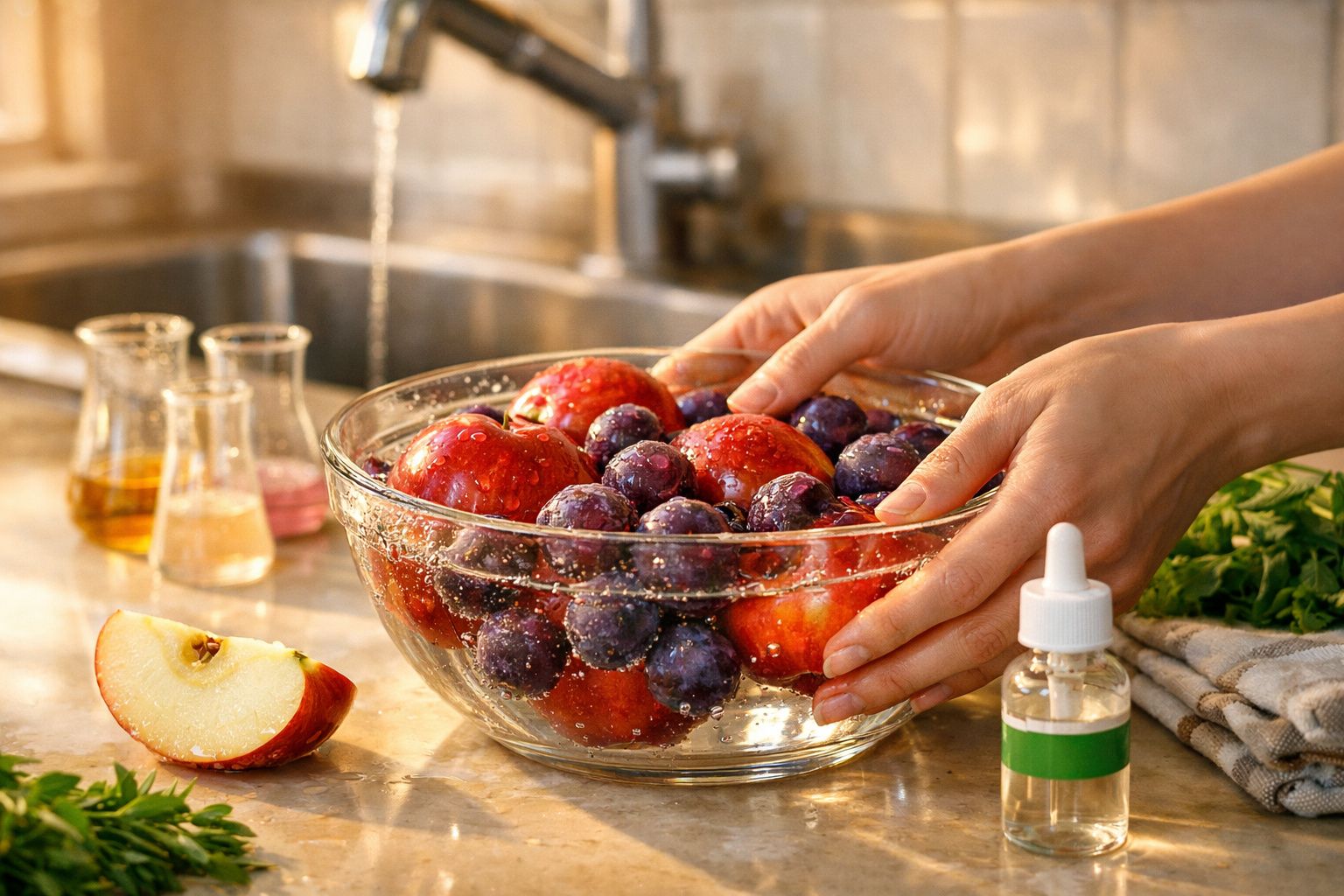 Mãos a lavar maçãs e uvas num lava-frutas transparente numa bancada de cozinha iluminada.