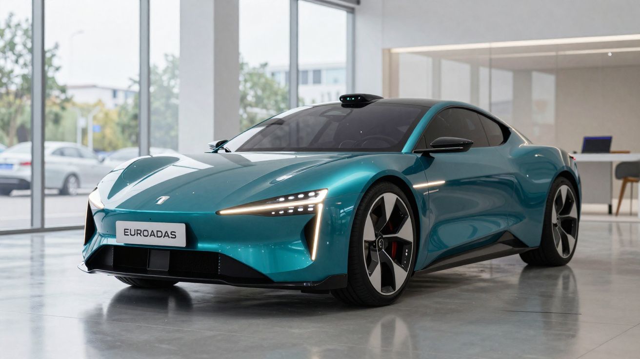 Carro desportivo eléctrico azul metálico em exposição numa sala com paredes de vidro e chão de mármore.