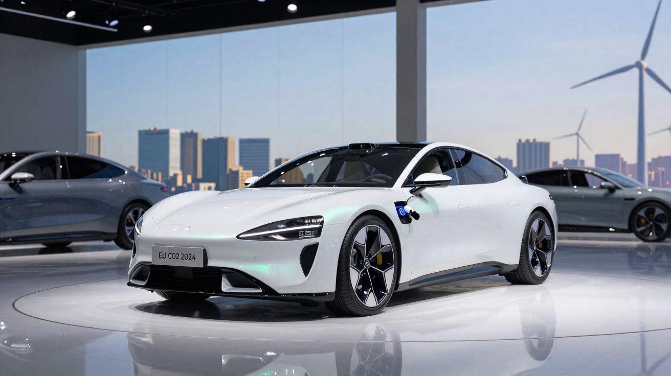 Carro elétrico branco em exposição, com painel urbano e turbinas eólicas ao fundo.