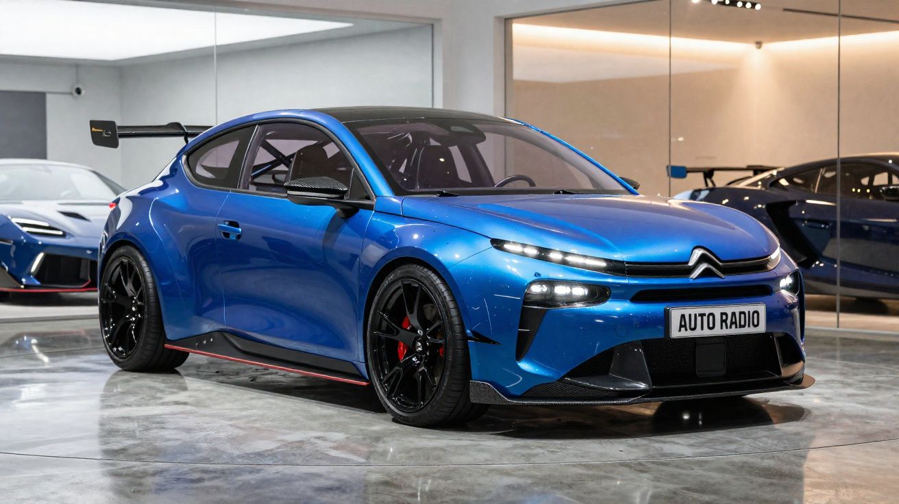 Carro desportivo azul metálico Citroën com aletas aerodinâmicas em exposição num salão moderno.